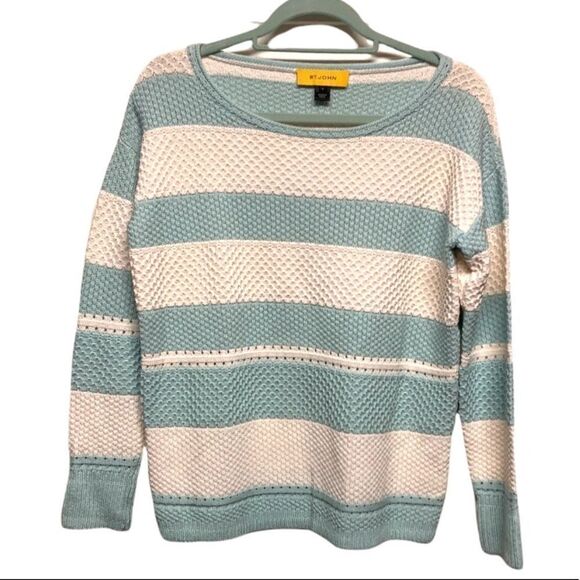 St. John Pastel Blue Wool Blend Striped Knit Crewneck Pullover Sweater Small - Picture 1 of 8